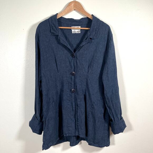 Flax Top Womens Large Blue Slub Linen Lagenlook Flowy Pockets Coastal Prairie - Picture 1 of 11